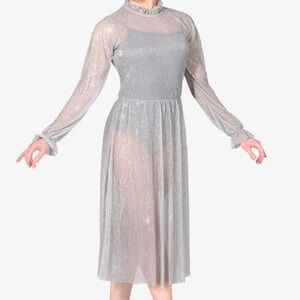 Double Platinum Silver Glitter sheer Mesh Long Sleeve Lyrical Dance‎ Dress NWT